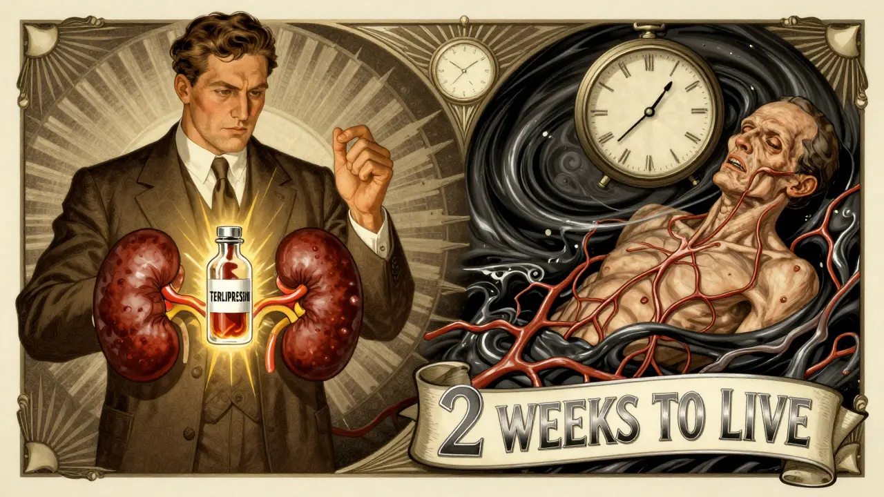 Contrasting figures in Art Deco style: one saved by treatment, the other succumbing to liver-kidney failure.