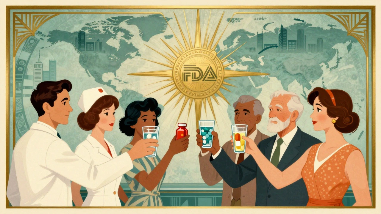 Diverse group toasts with generic pill bottles as a mural of global savings radiates behind them.