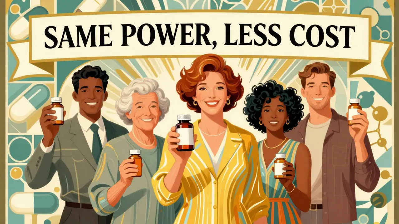 Diverse people holding generic meds, radiating energy, with 'SAME POWER, LESS COST' banner.
