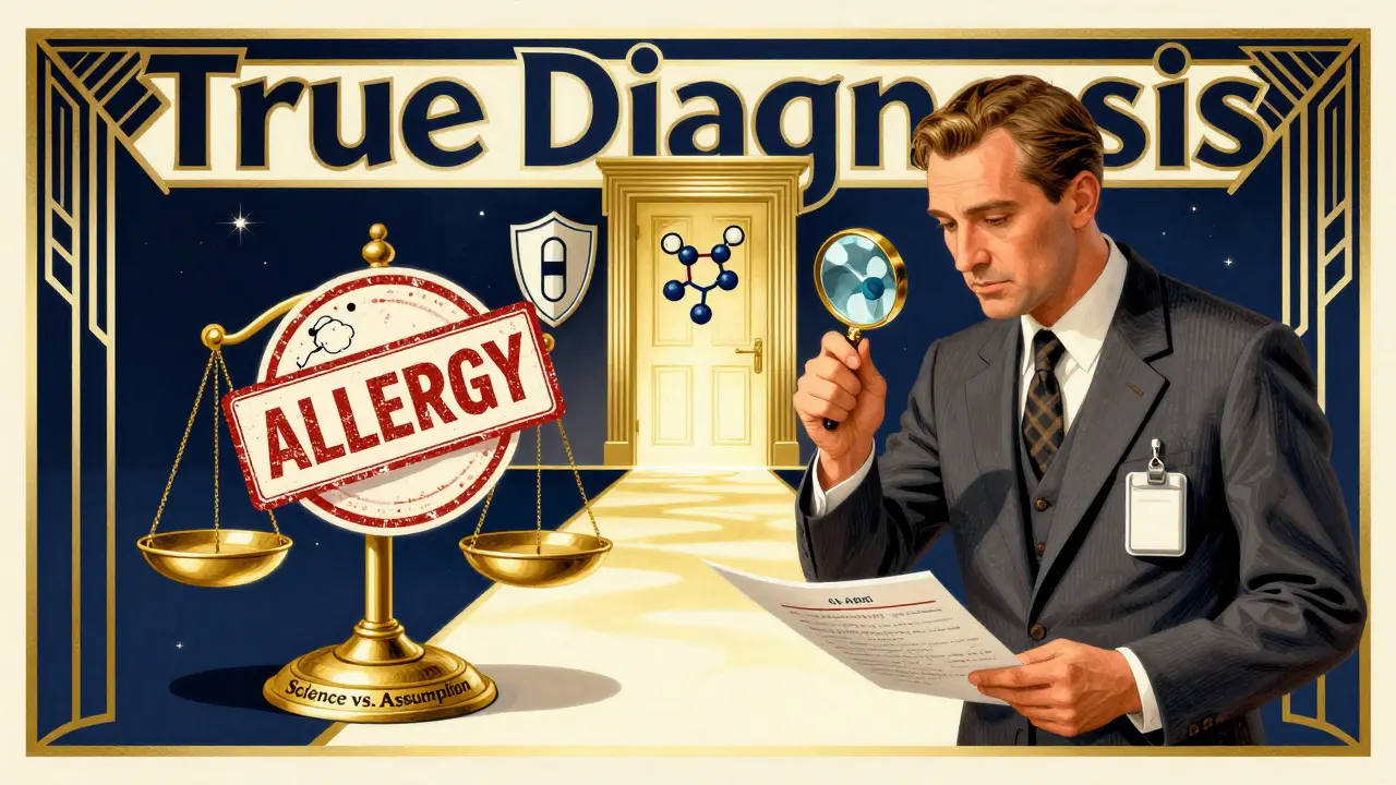 Doctor crushing 'ALLERGY' stamp with science scale, pathway to 'True Diagnosis' in Art Deco style