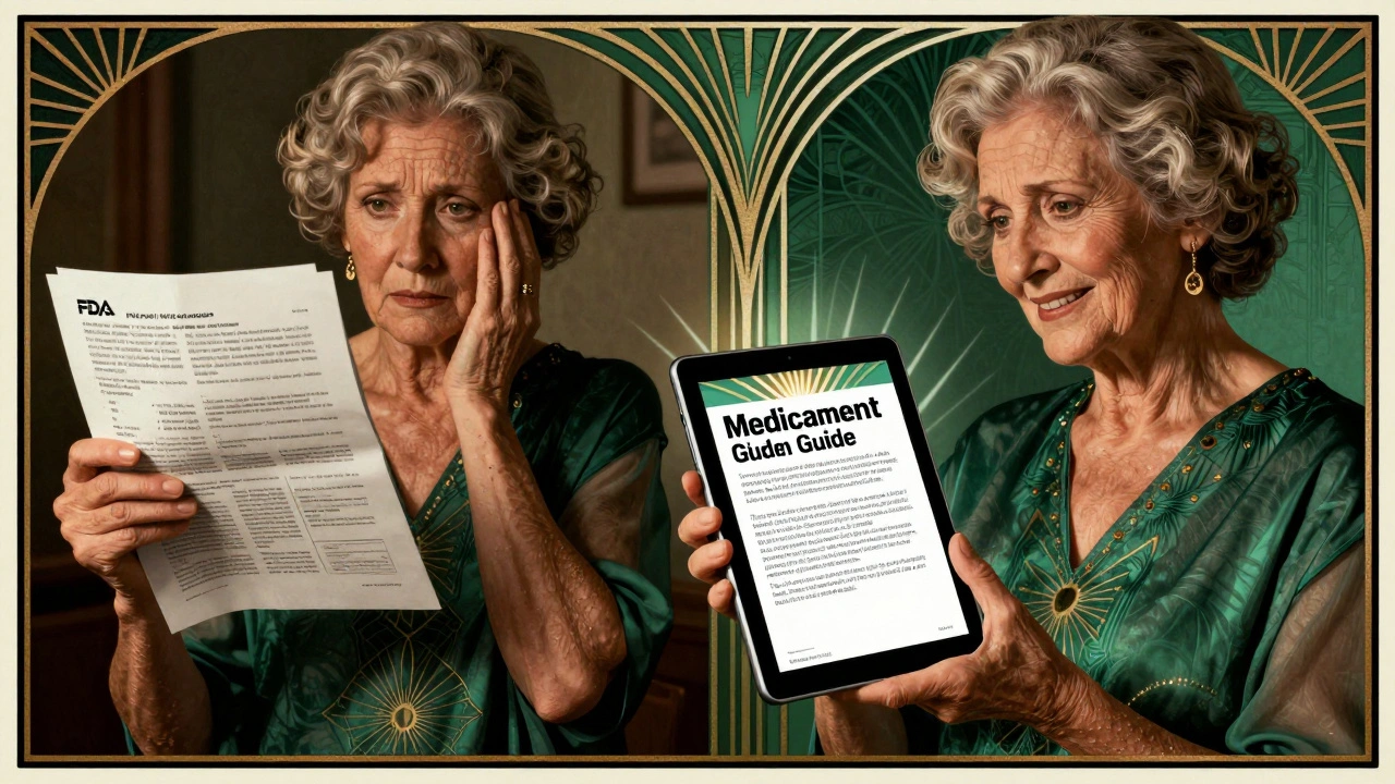 Elderly woman comparing old and new medication guides in Art Deco style