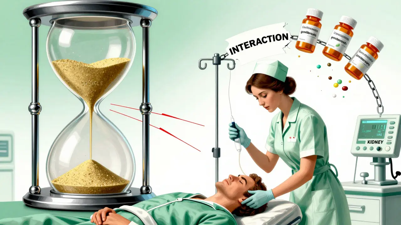 Emergency room scene with IV fluids and floating prescription bottles chained together by a broken interaction link.
