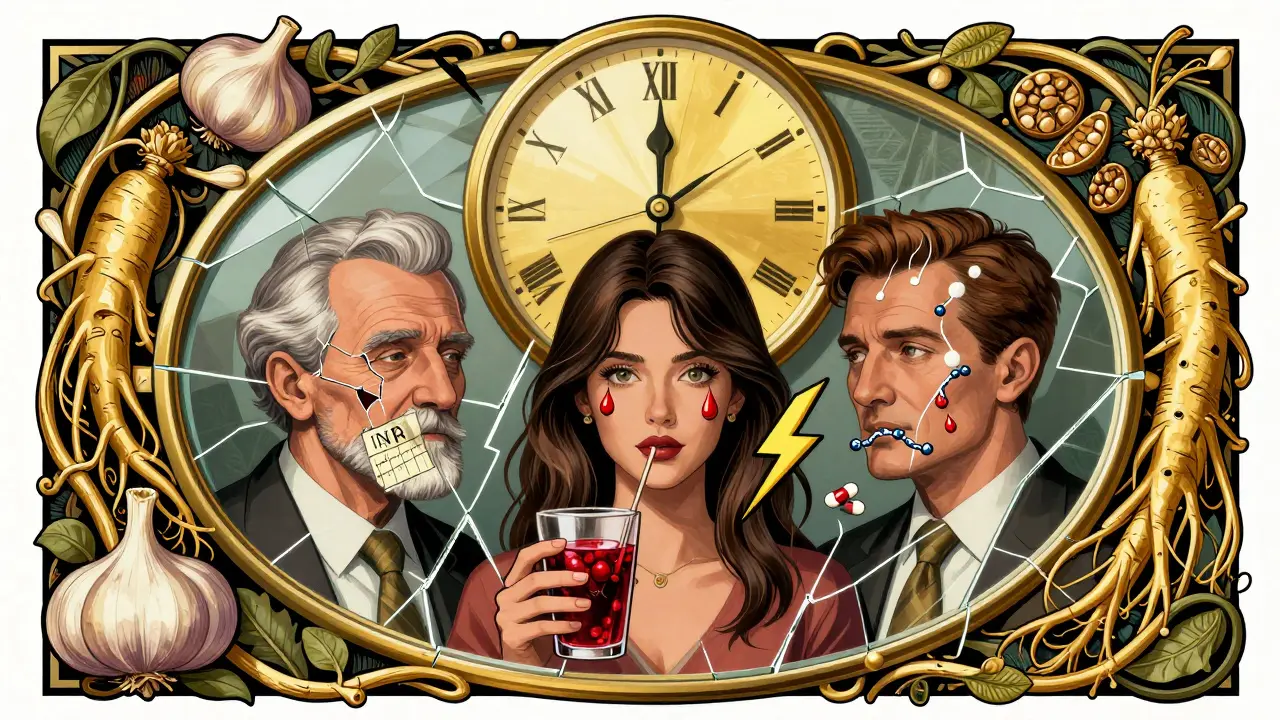 Fractured mirror reflecting three people with dangerous supplement interactions, clock ticking backward above.