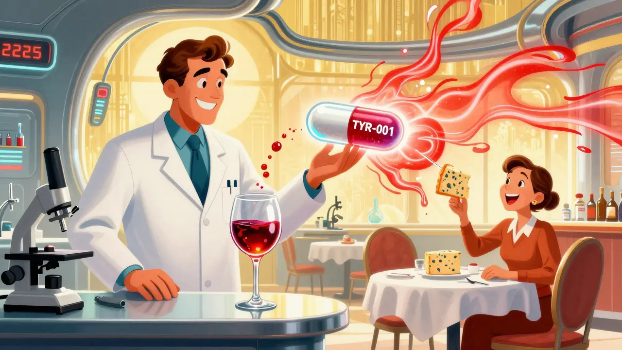 Futuristic lab scene with a glowing enzyme capsule neutralizing tyramine in wine and cheese, symbolizing breakthrough therapy.
