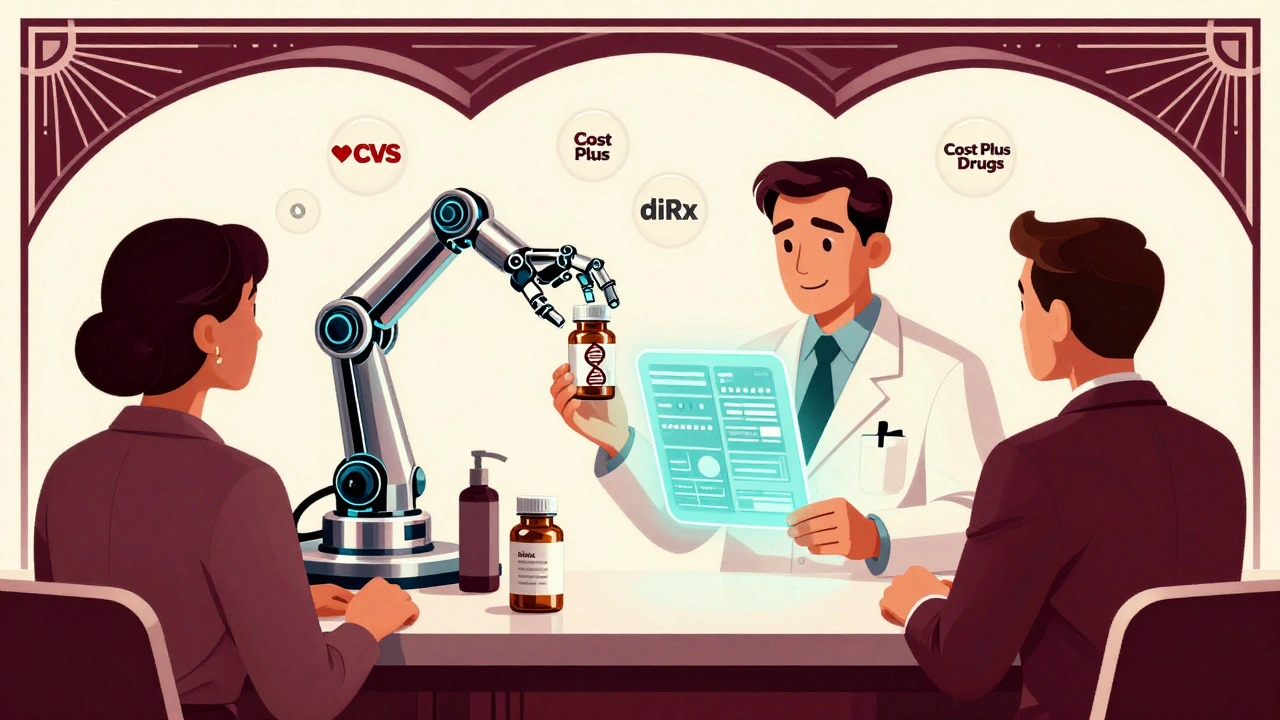 Futuristic pharmacy counter with robotic arm delivering DNA-labeled pill, pharmacist reviewing hologram.