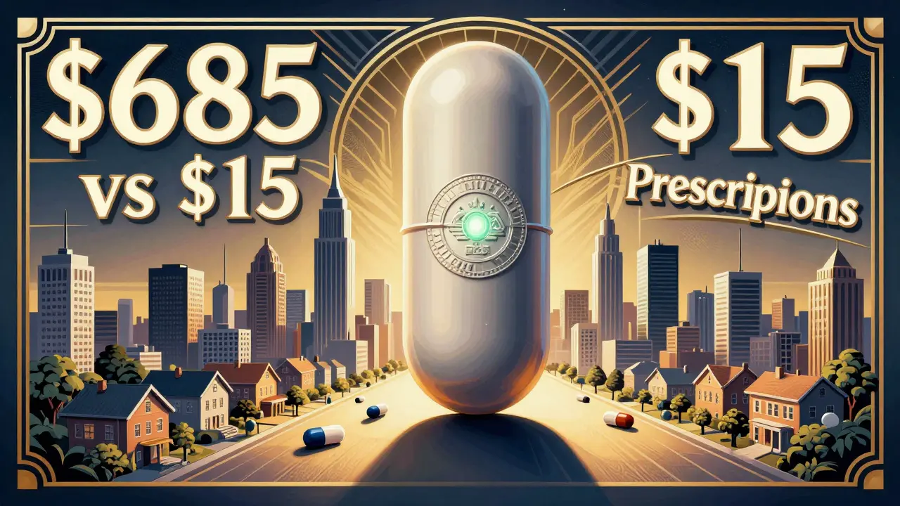 Giant generic pill tower shielding a city, with price comparison and FDA seal in Art Deco style.