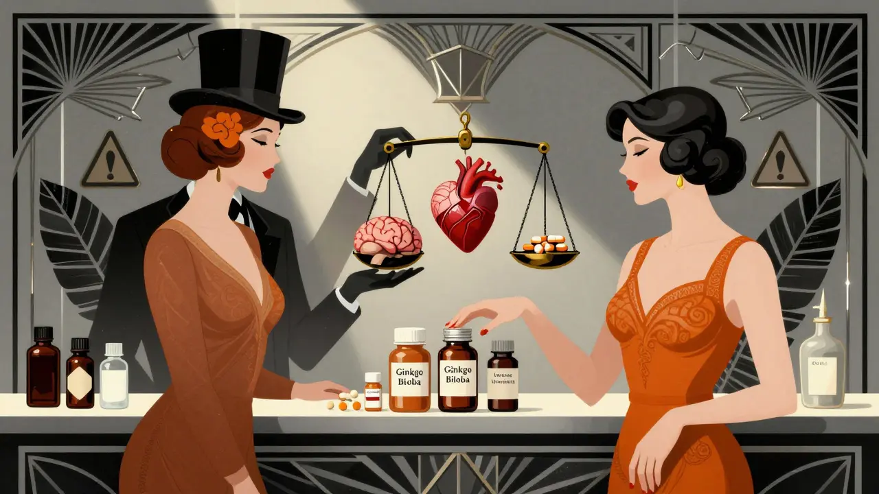 Glamorous 1920s pharmacy scene with ginkgo and blood thinners, a shadowy figure balancing brain and bleeding heart.