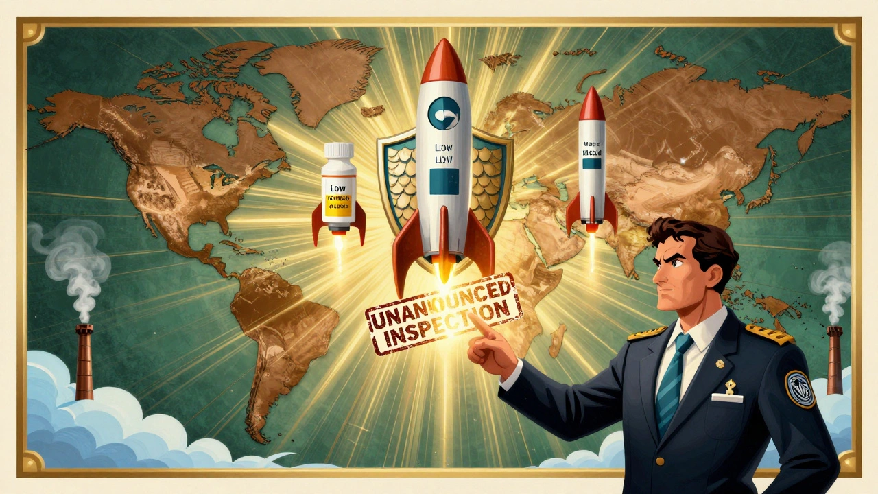 Global map connecting drug factories to an FDA emblem, with three pill batches rising toward a shield.