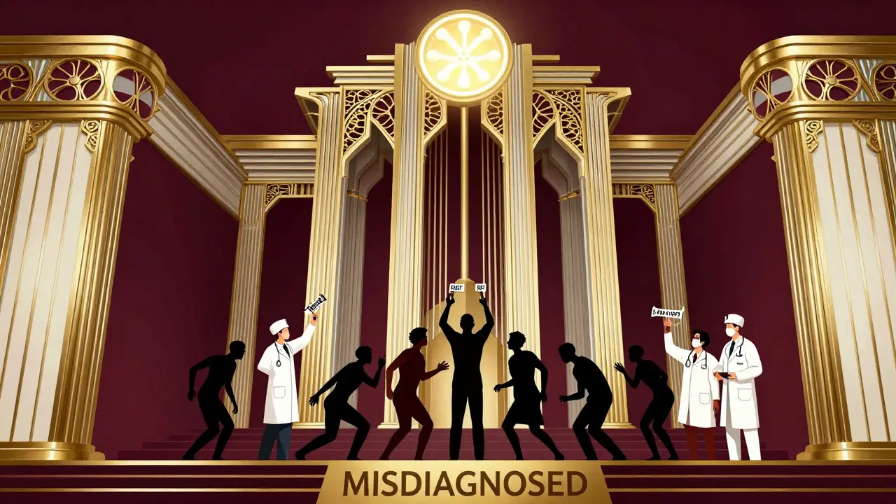 Grand medical temple with liver and kidney pillars, patients receiving keys to transplant and testing.