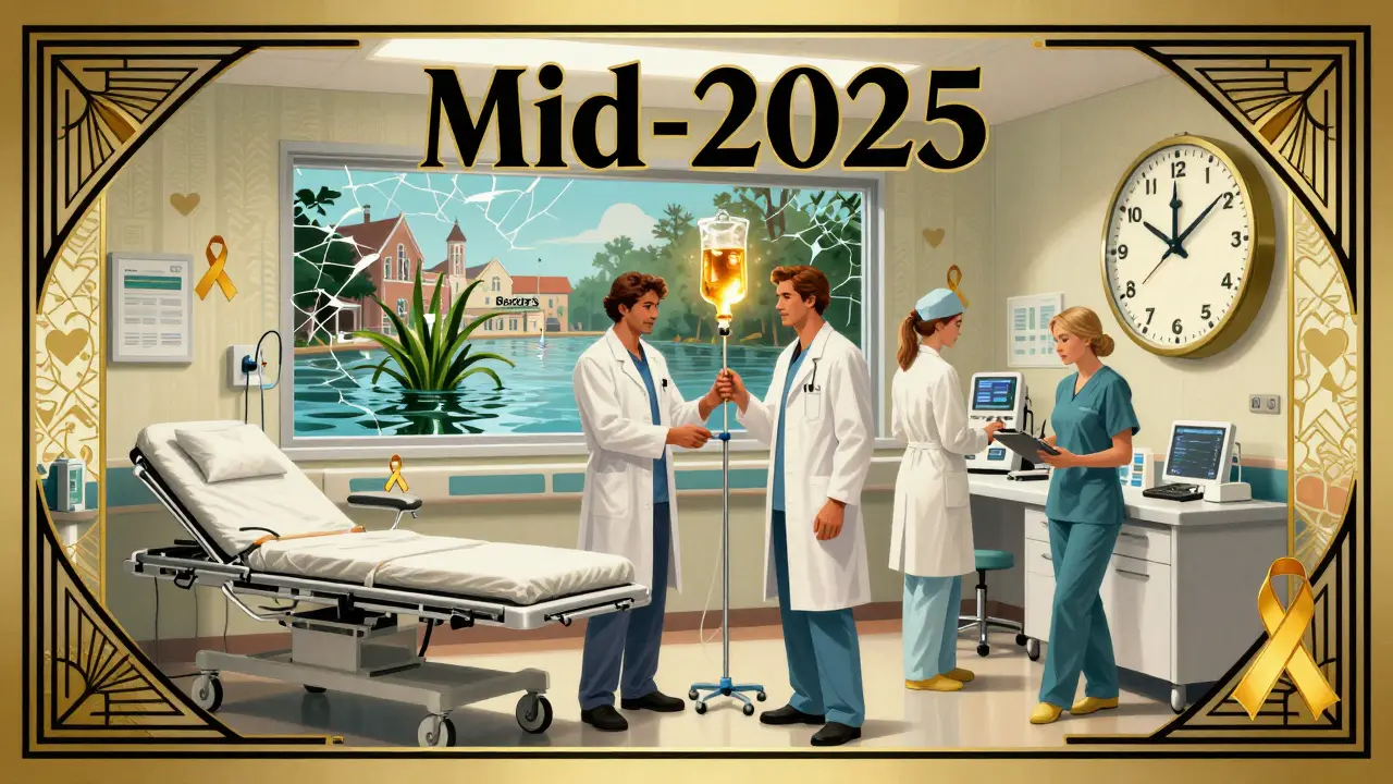 Hospital staff passing a single IV bag under a clock ticking to 2025, with a flooded town visible through a window.