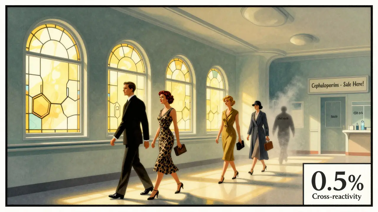 Hospital with beta-lactam ring windows, patients walking past 'Cephalosporins - Safe Here!' signs