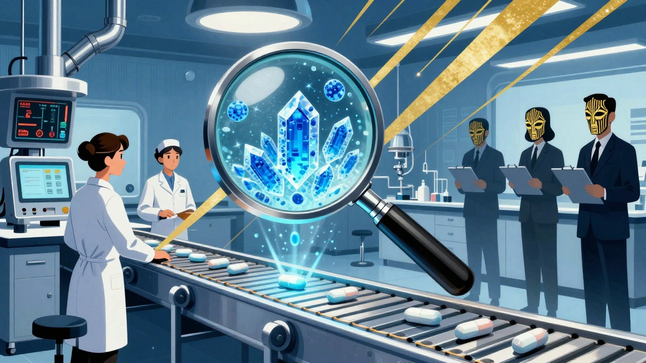 Interior of a precision pharmaceutical lab with technicians monitoring real-time data under geometric lighting.