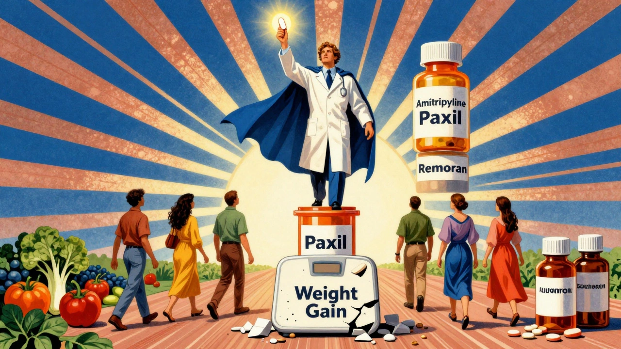 Medical hero holding Bupropion beacon above crumbling pill stack, patients walking toward healthy path.