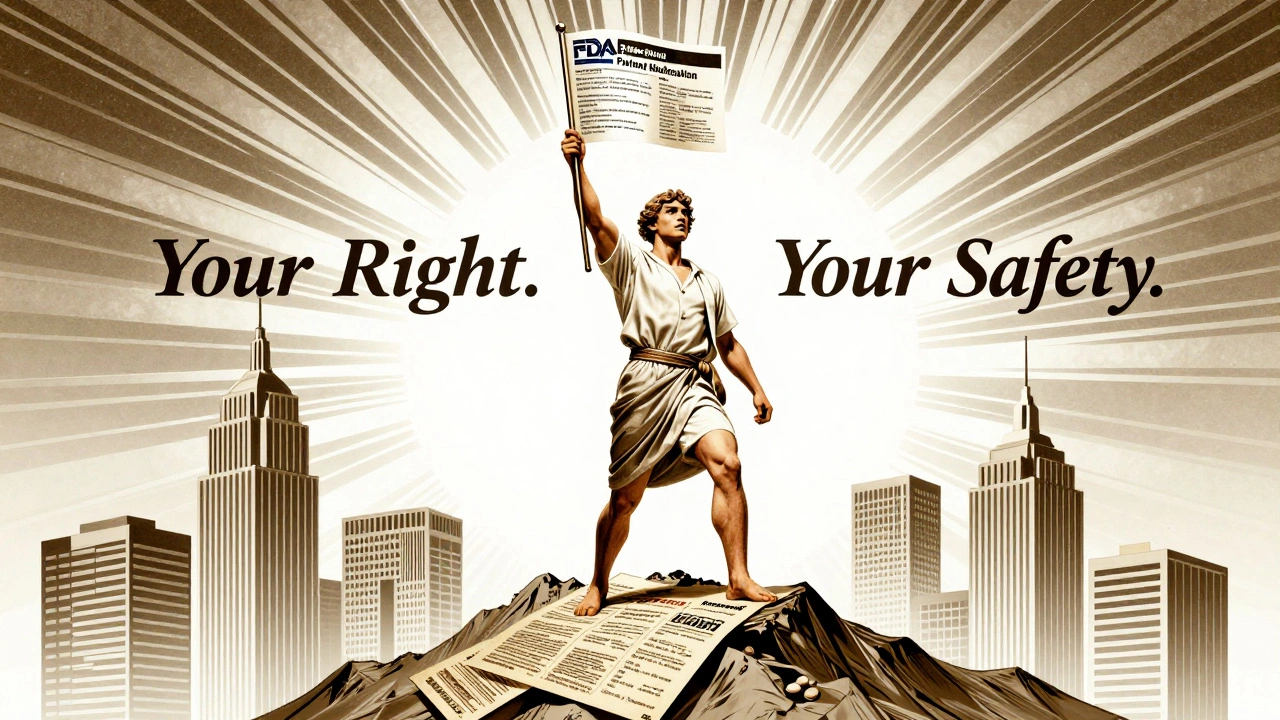 Patient holding up a modern FDA medication guide as a symbol of patient rights