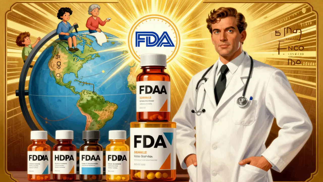 Pharmacist beside generic medicine bottles with globe and FDA seal, rays of light shining on patients