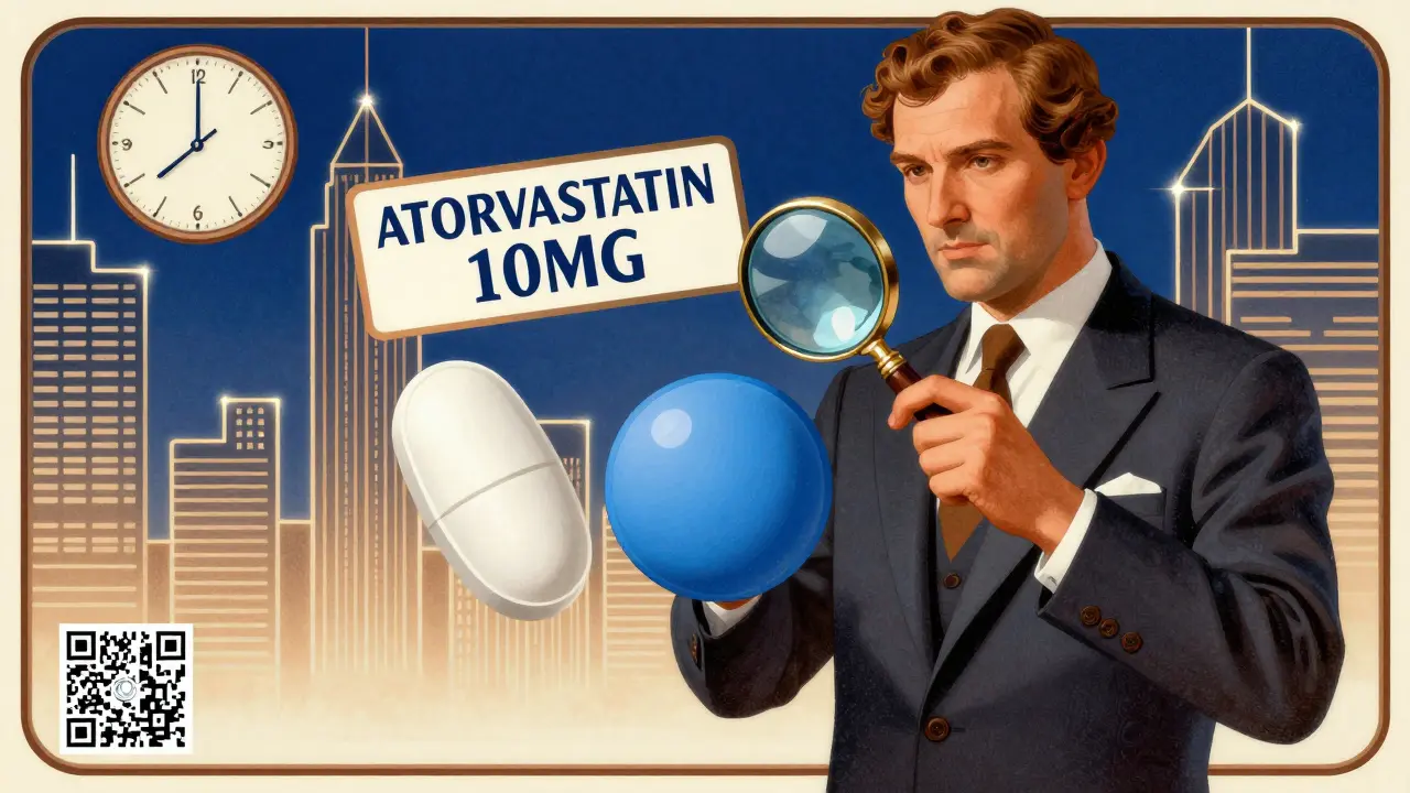 Pharmacist examining two differently shaped pills with a floating label and QR code in Art Deco style.