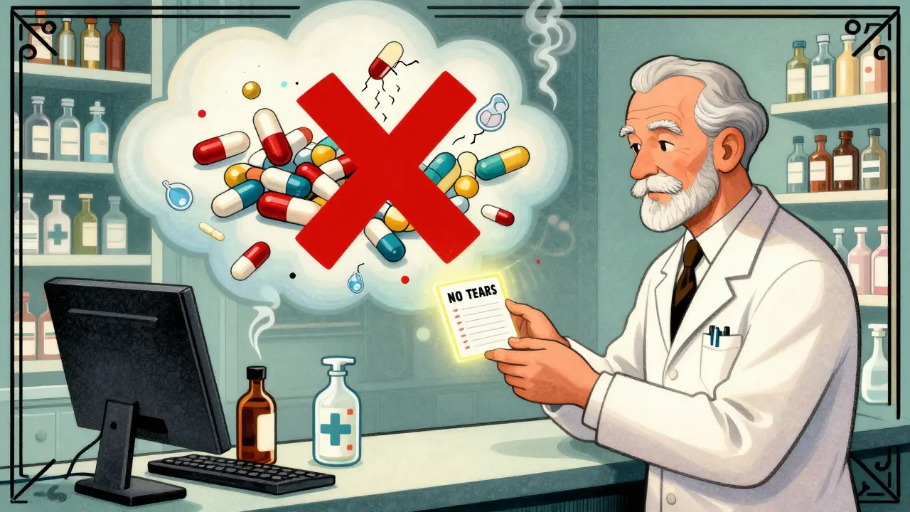 Pharmacist giving NO TEARS checklist to senior amid chaotic pill cloud.