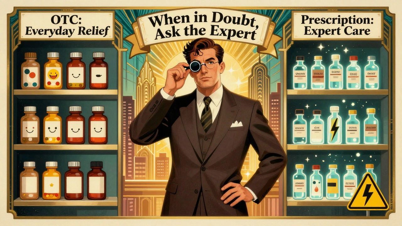 Pharmacist standing between OTC and prescription shelves in bold Art Deco poster style