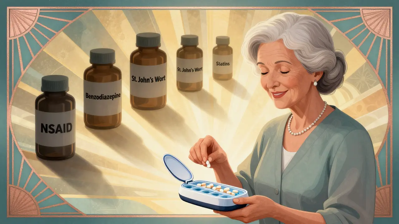 Senior placing one pill in organizer as other medications vanish behind her.