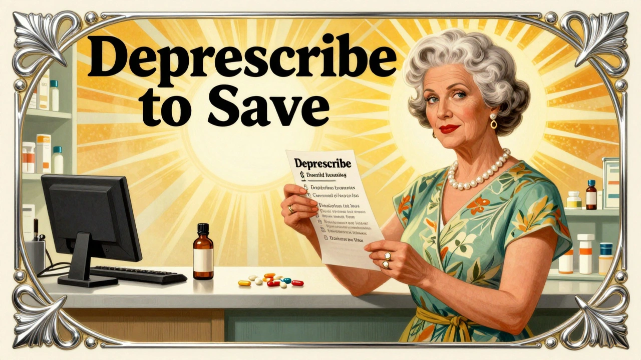 Senior woman and pharmacist at a vintage pharmacy counter with fading pill costs and a savings checklist.