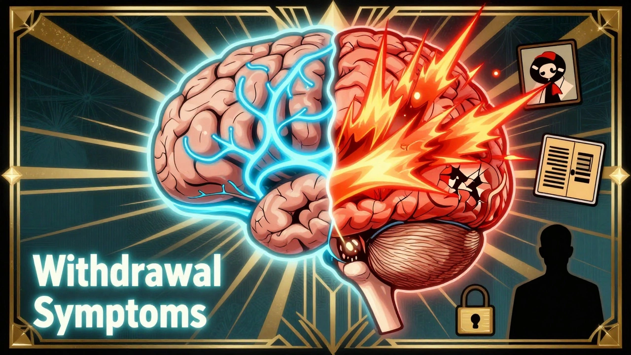 Split brain diagram showing biological withdrawal versus addictive cravings in Art Deco design.