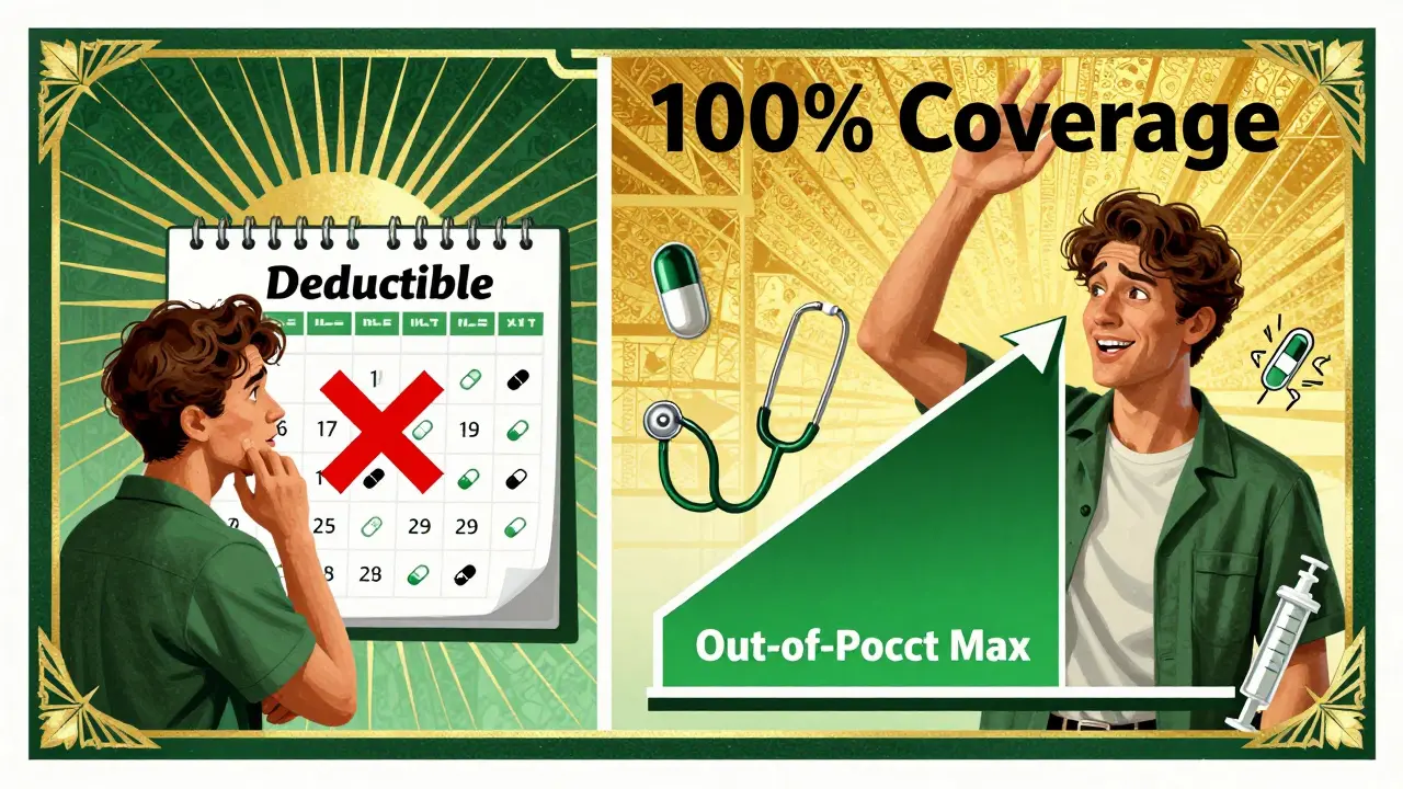 Split illustration: confused patient vs. relieved patient, with pill icons and progress bar toward coverage ceiling.