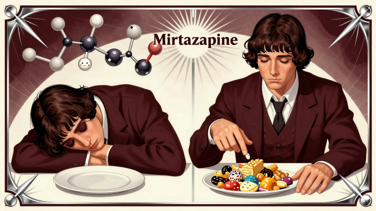Split illustration: depressed person vs. same person overeating with floating pill, Art Deco molecular motifs.