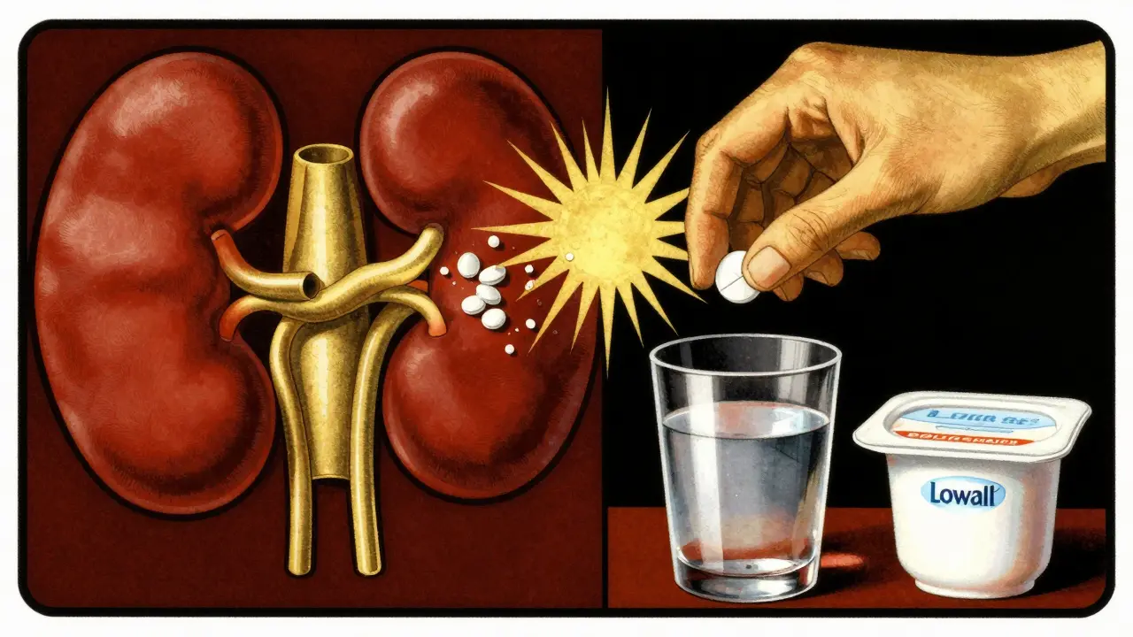 Split illustration showing a clogged kidney on one side and a person taking medication with healthy foods on the other, in metallic Art Deco tones.