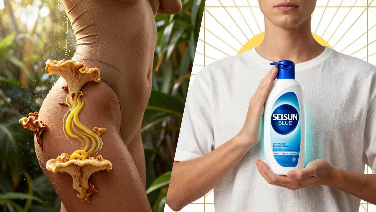 Split illustration showing fungal overgrowth on one side and preventive care on the other in Art Deco design.