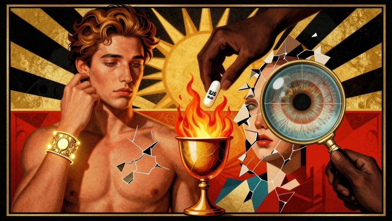 Split image of healthy person vs. fractured version, with a pill dropping into fire and medical alert bracelet glowing.