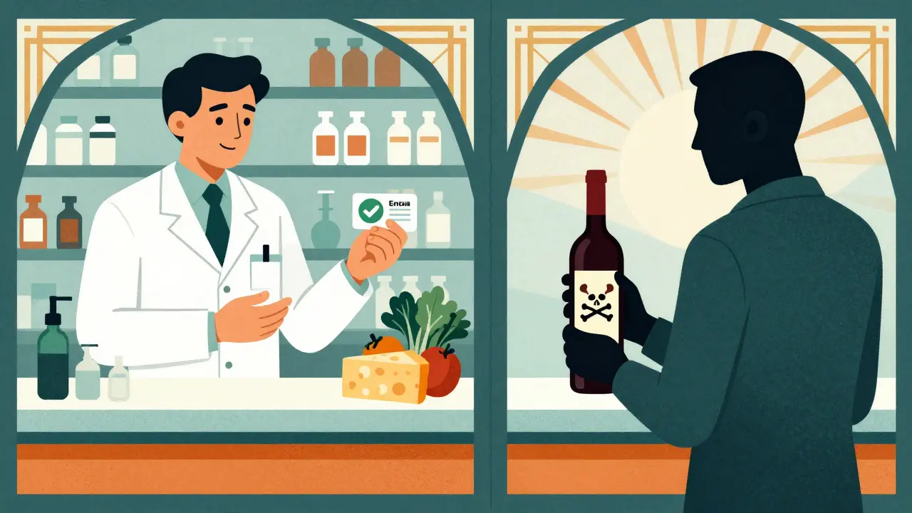 Split-panel Art Deco ad showing safe medication and fresh food versus dangerous aged foods with skull symbols.