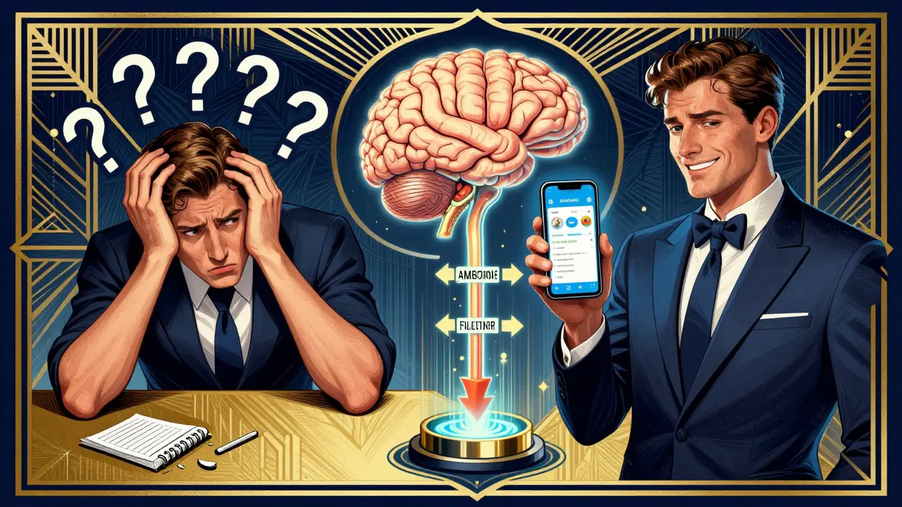 Split-panel Art Deco image showing confusion versus clarity, with gut-liver-brain axis connecting both sides.