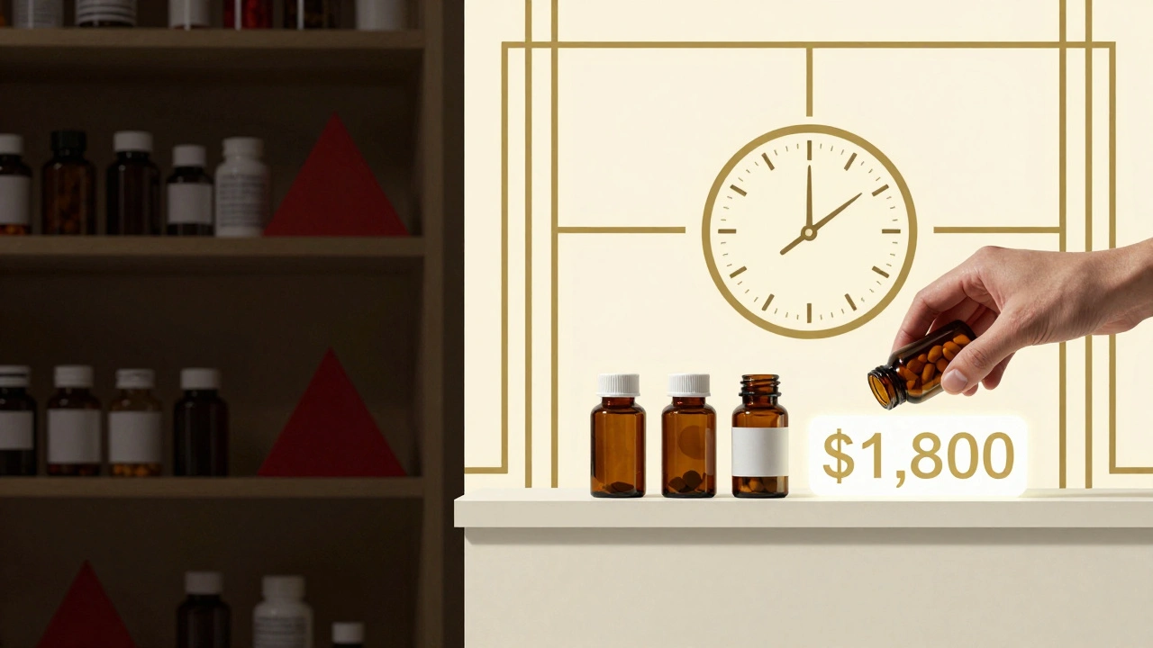 Split scene: cluttered pills vs. clean meds with ,800 savings, depicted in Art Deco geometric style.
