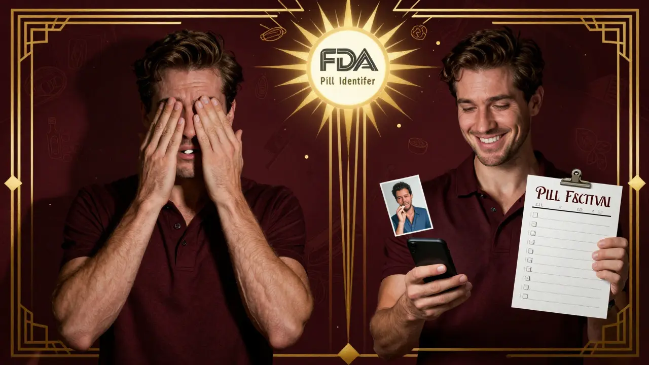 Split scene: man taking pill blindly vs. checking pill photo with checklist, in Art Deco aesthetic.
