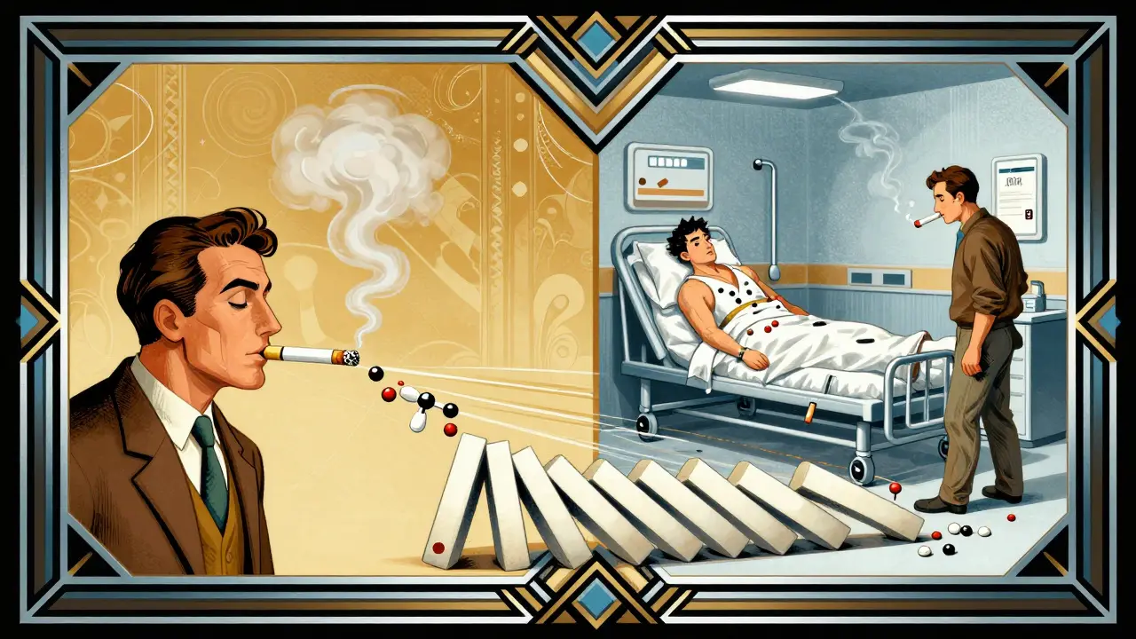 Split scene: smoker releasing theophylline vs. non-smoker with drug buildup leading to emergency room.