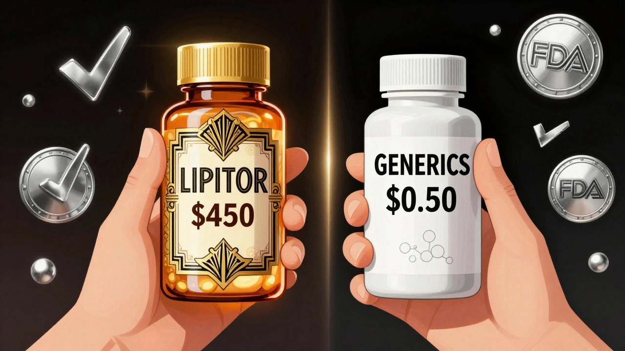 Split-screen ad comparing expensive brand-name pill to cheap generic with golden geometric design elements.