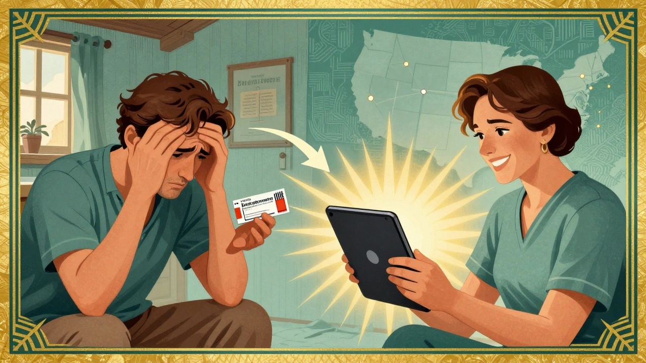 Split-screen: stressed patient vs. smiling patient receiving generic meds via video call, Art Deco sunbursts.