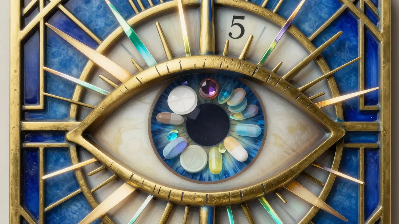 Stylized human eye made of pharmaceutical tablets, surrounded by prismatic halos in Art Deco design.