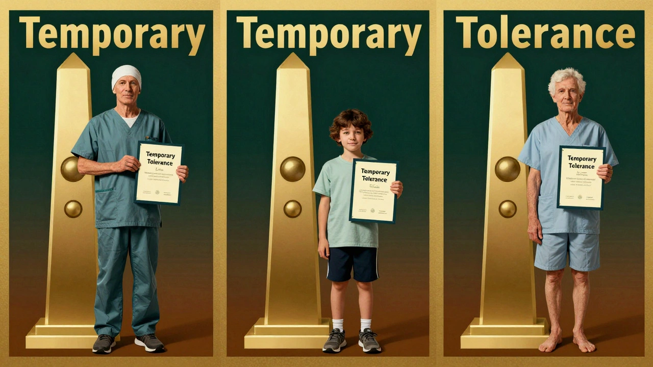 Three patients holding certificates beside stylized drug molecules in Art Deco triptych