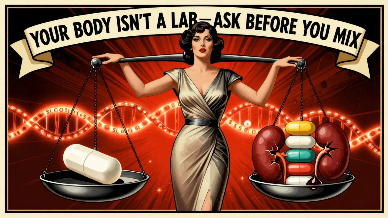 Woman beside a scale weighing a statin pill against multiple medications and a damaged kidney, with a glowing genetic mutation.