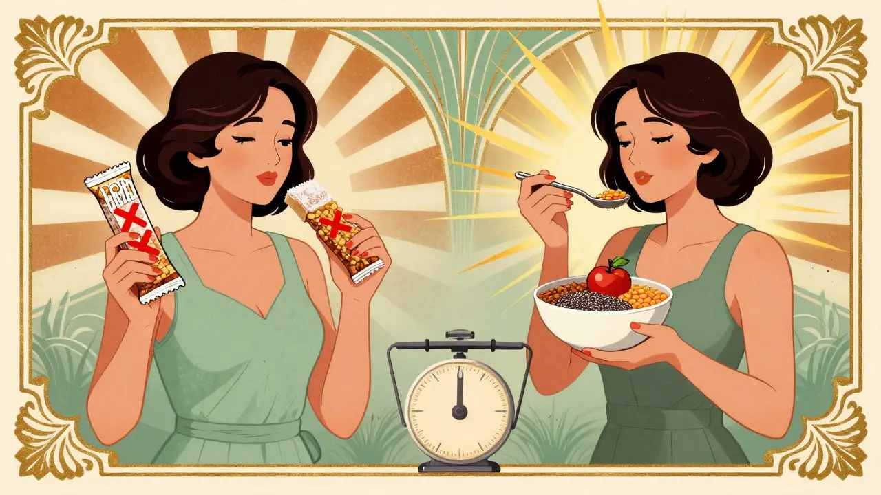 Woman choosing whole foods over fiber bars, with golden health rays in Art Deco style