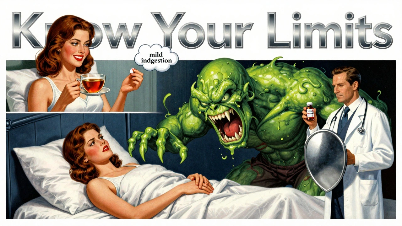 Woman enjoying OTC relief versus GERD monster looming at night in stylized Art Deco scene