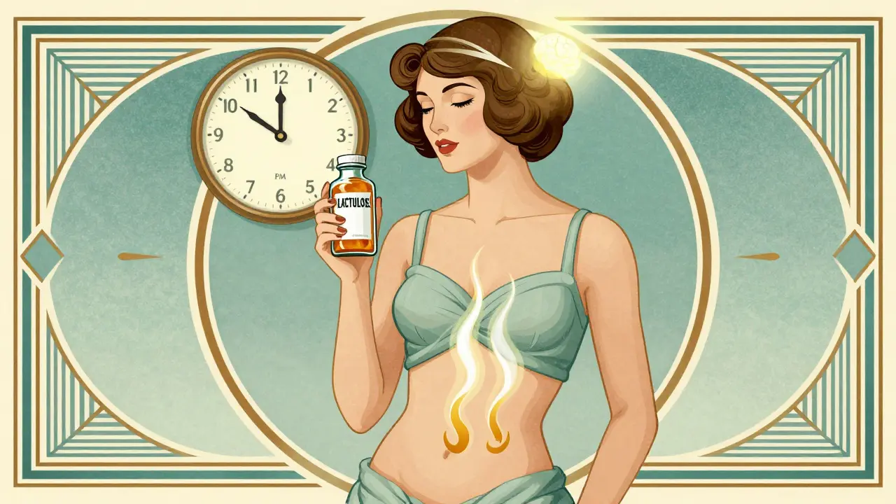 Woman holding lactulose bottle with two soft bowel movement waves rising, in geometric Art Deco style.