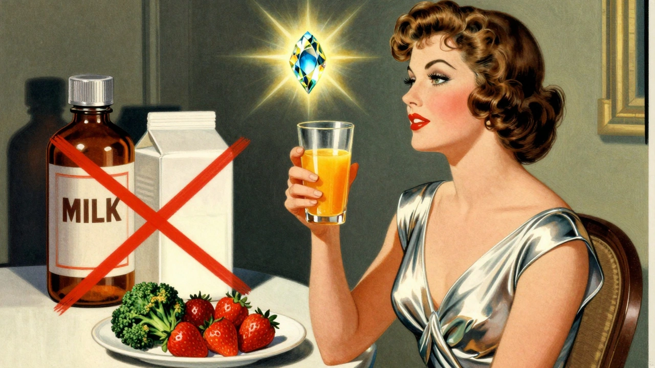 Woman holding vitamin C-rich foods as iron supplement glows, milk and heartburn meds crossed out.
