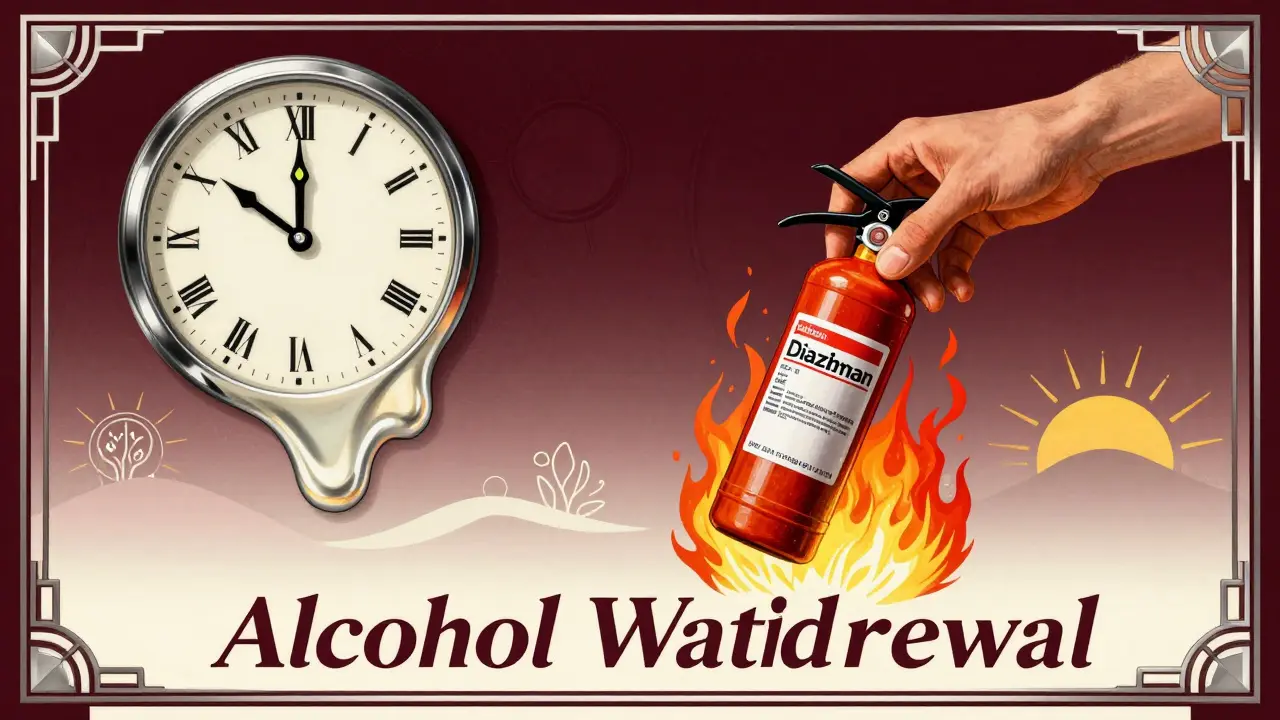 A medical hand using a pill bottle like a fire extinguisher to put out alcohol withdrawal flames.