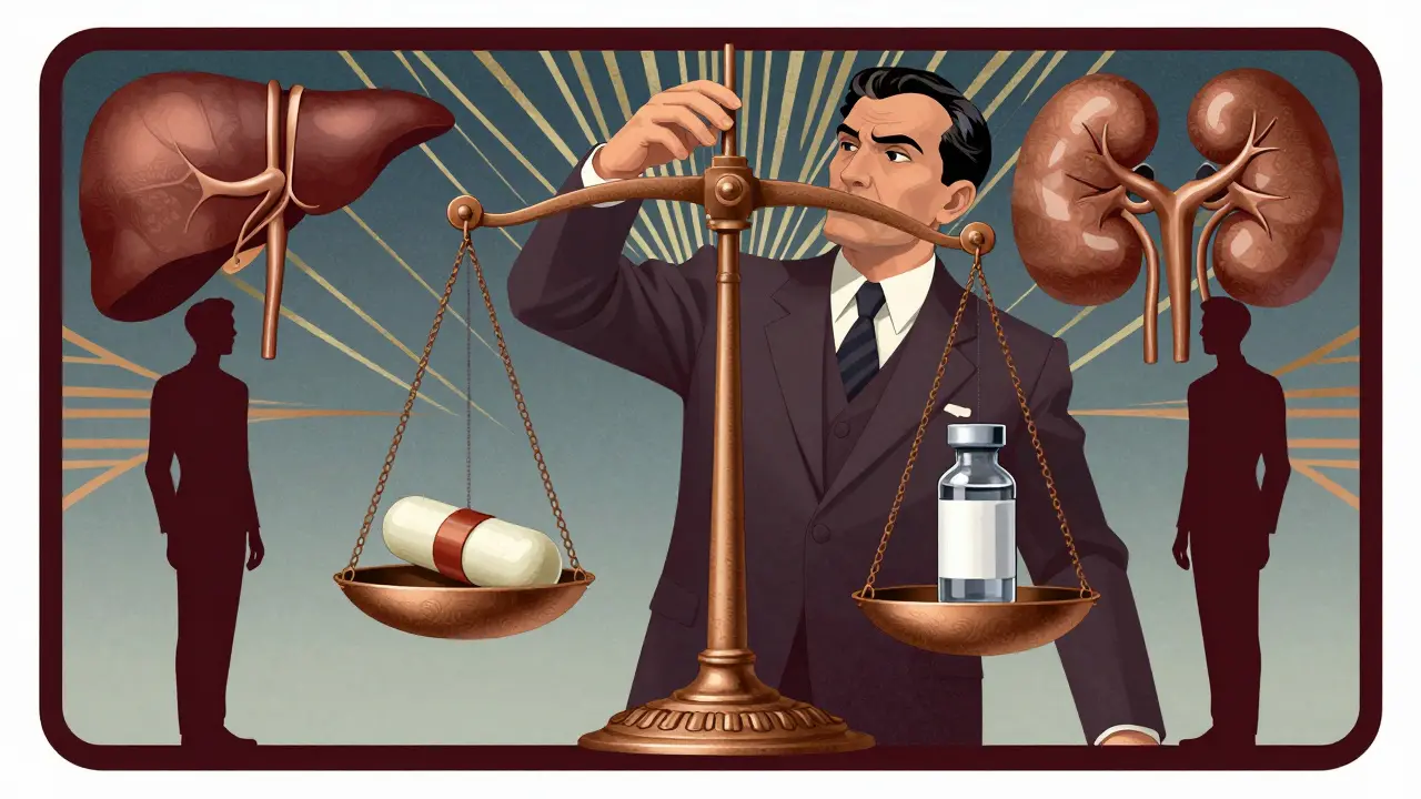 A medical professional balancing morphine and methadone on an ornate scale, with stylized organ icons nearby.