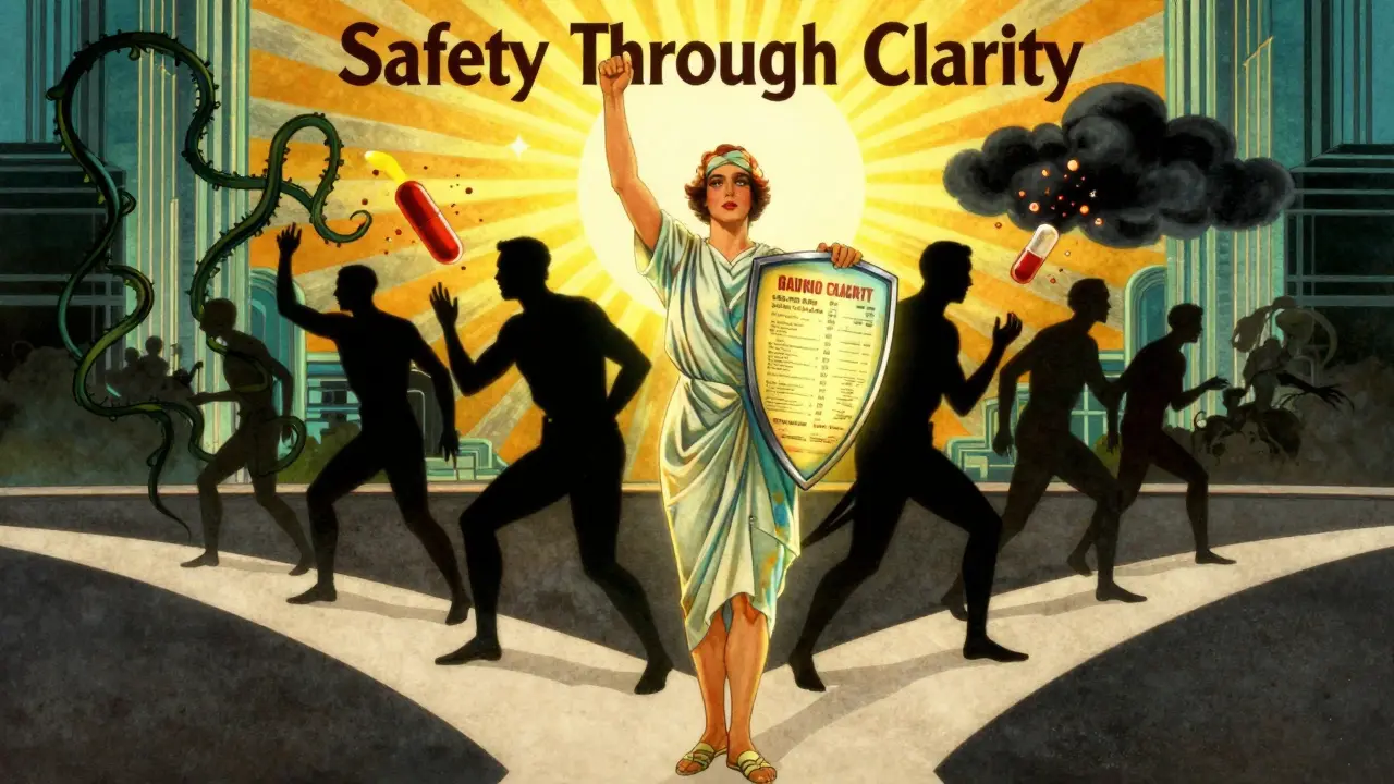 A person holds a glowing medication list as a shield against dangerous drug interactions in a radiant Art Deco scene.