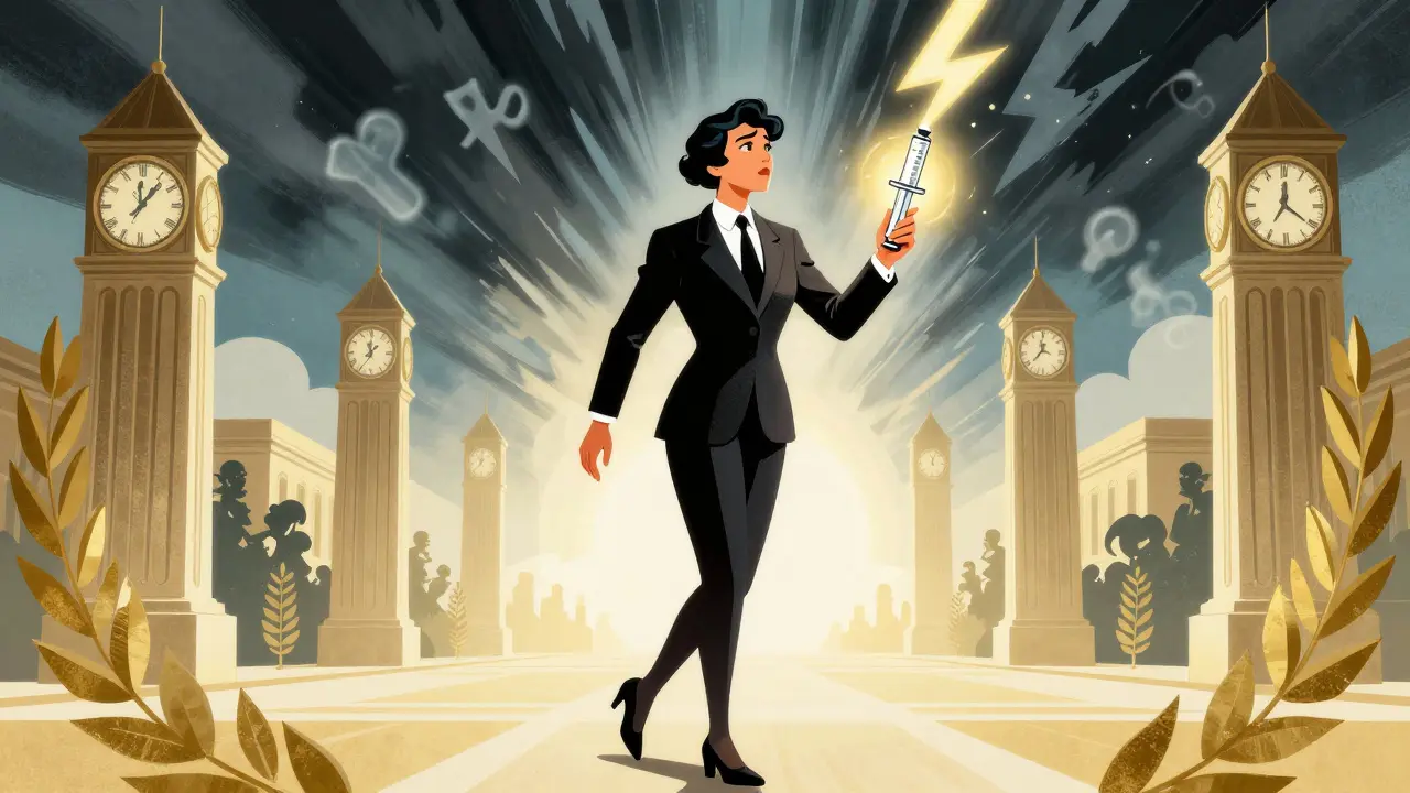 A person stepping from migraine shadows into sunlight, holding a CGRP injector, with stylized medical progress symbols.