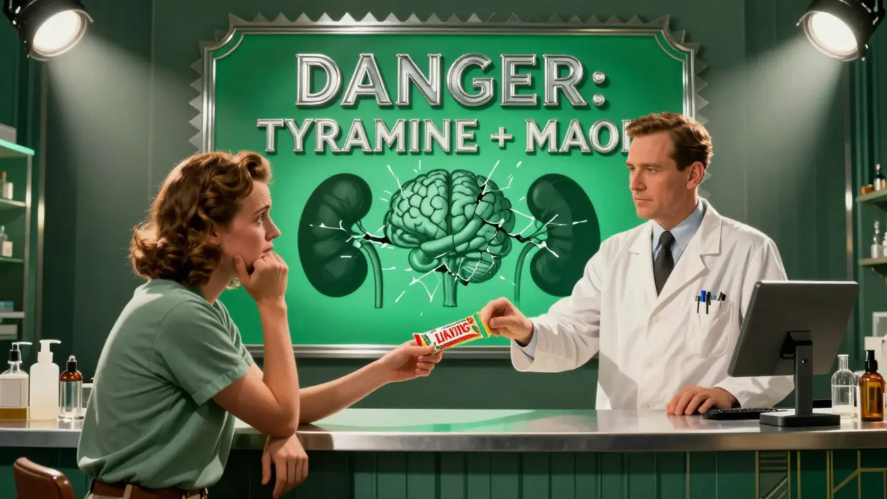 A pharmacist and patient at a counter, with a warning sign and cracking organs behind them, shown in Art Deco design.