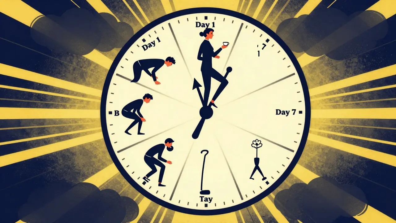 A seven-day clock showing a patient becoming more alert and active, with fading side effect clouds.